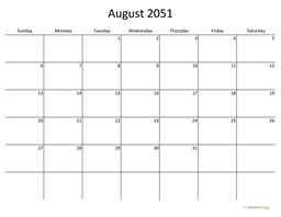 August 2051 Calendar with Bigger boxes