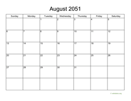 Basic Calendar for August 2051