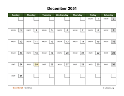 December 2051 Calendar with Day Numbers