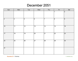 December 2051 Calendar with Weekend Shaded