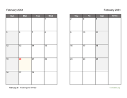 February 2051 Calendar on two pages