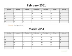 february and march 2051 calendar