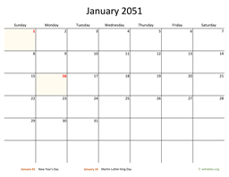January 2051 Calendar with Bigger boxes