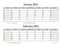 january and february 2051 calendar