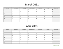 march and april 2051 calendar