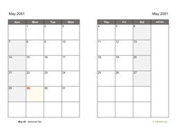 May 2051 Calendar on two pages