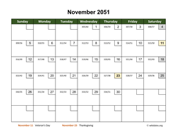 November 2051 Calendar with Day Numbers