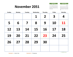November 2051 Calendar with Extra-large Dates