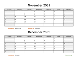 november and december 2051 calendar