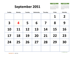 September 2051 Calendar with Extra-large Dates