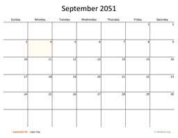 September 2051 Calendar with Bigger boxes