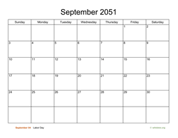 Basic Calendar for September 2051