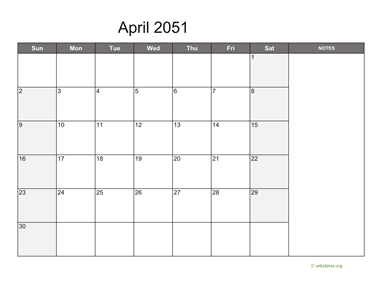 April 2051 Calendar with Notes
