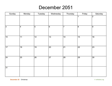 Basic Calendar for December 2051