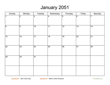 Basic Calendar for January 2051