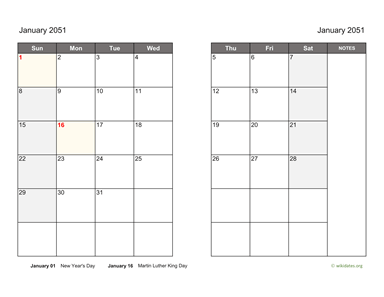January 2051 Calendar on two pages