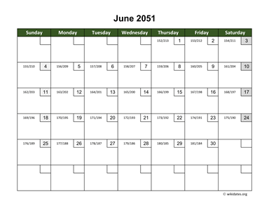 June 2051 Calendar with Day Numbers