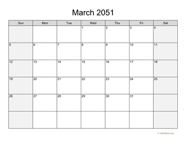 March 2051 Calendar with Weekend Shaded