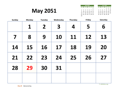 May 2051 Calendar with Extra-large Dates
