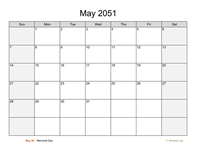 May 2051 Calendar with Weekend Shaded