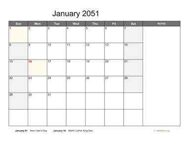 Monthly 2051 Calendar with Notes