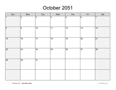 October 2051 Calendar with Weekend Shaded