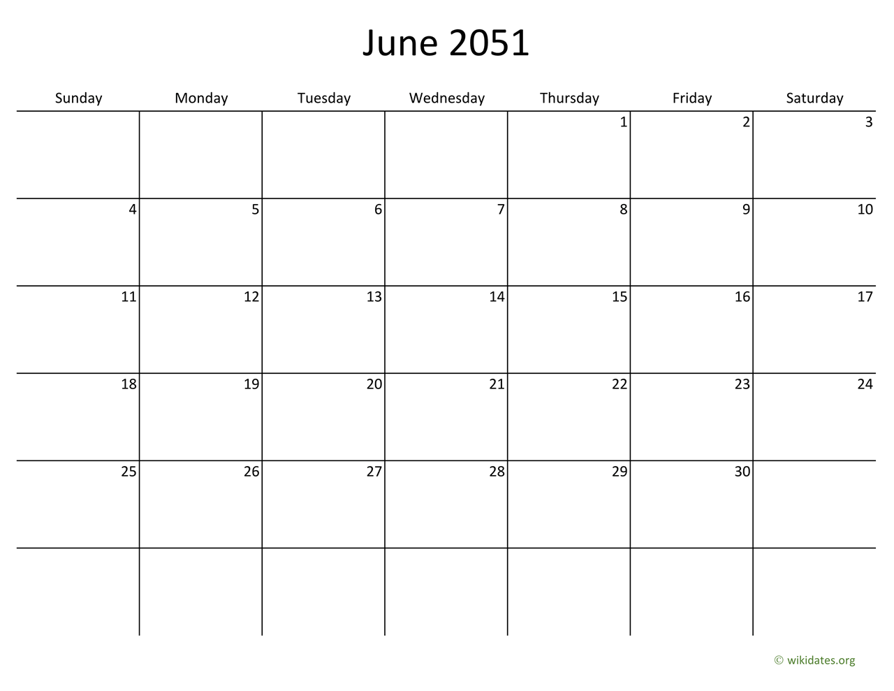 June 2051 Calendar with Bigger boxes | WikiDates.org