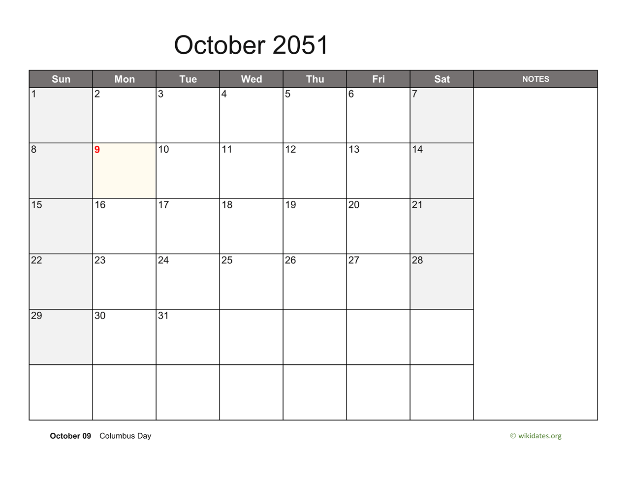 October 2051 Calendar with Notes