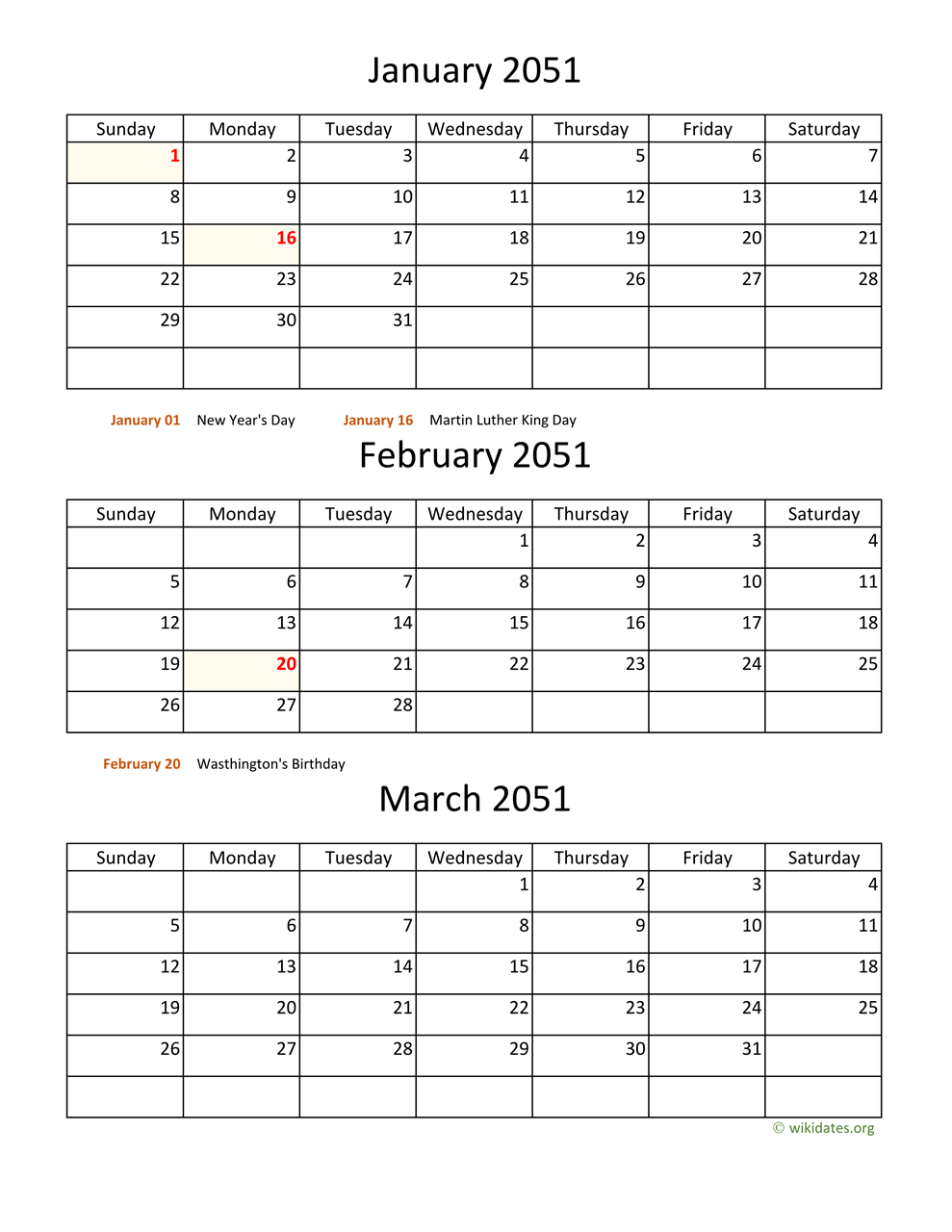 Printable 2051 Calendar