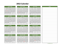 Yearly Printable 2052 Calendar with Notes