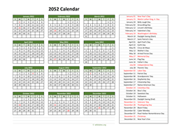 2052 Calendar with US Holidays