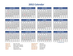 PDF Calendar 2052 with Federal Holidays
