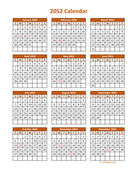 Full Year 2052 Calendar on one page