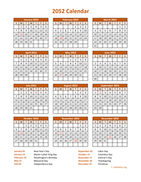 Calendar 2052 Vertical
