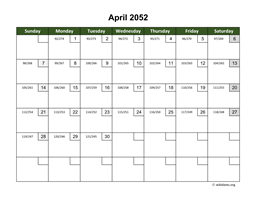 April 2052 Calendar with Day Numbers