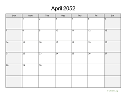 April 2052 Calendar with Weekend Shaded