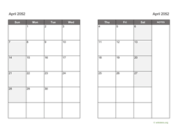 April 2052 Calendar on two pages