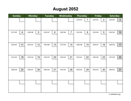 August 2052 Calendar with Day Numbers
