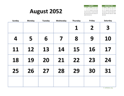 August 2052 Calendar with Extra-large Dates