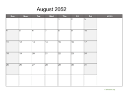 August 2052 Calendar with Notes