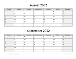 August and September 2052 Calendar