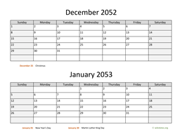 December 2052 and January 2053 Calendar