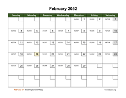 February 2052 Calendar with Day Numbers