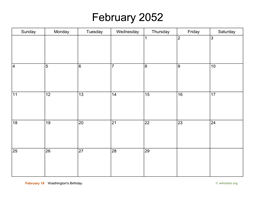 Basic Calendar for February 2052