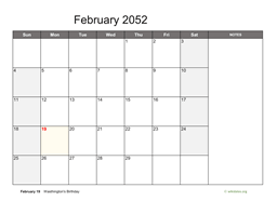 February 2052 Calendar with Notes