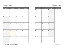 February 2052 Calendar on two pages