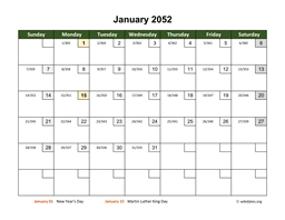 January 2052 Calendar with Day Numbers