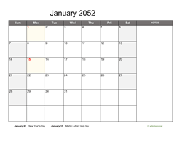 January 2052 Calendar with Notes