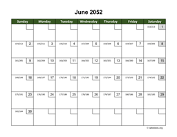 June 2052 Calendar with Day Numbers