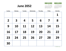 June 2052 Calendar with Extra-large Dates